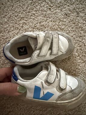 Veja Kids White Sneakers with Blue V Logo and Velcro